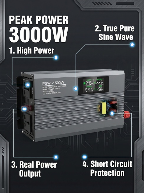 Pure sine wave inverter function卖点 display, the product is at the center, connect with thin technica预览效果