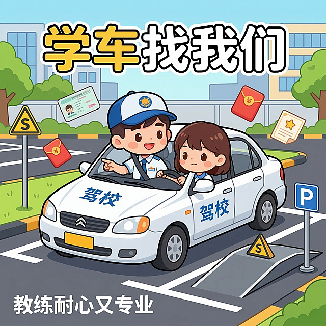Q版卡通风格，驾校学车宣传图，教练坐在副驾耐心指导学员练车，周围有科目二考试标识，色彩明亮活泼，适合1:1尺寸的宣传海报，搭配文案“学车找我们，教练耐心又专业”