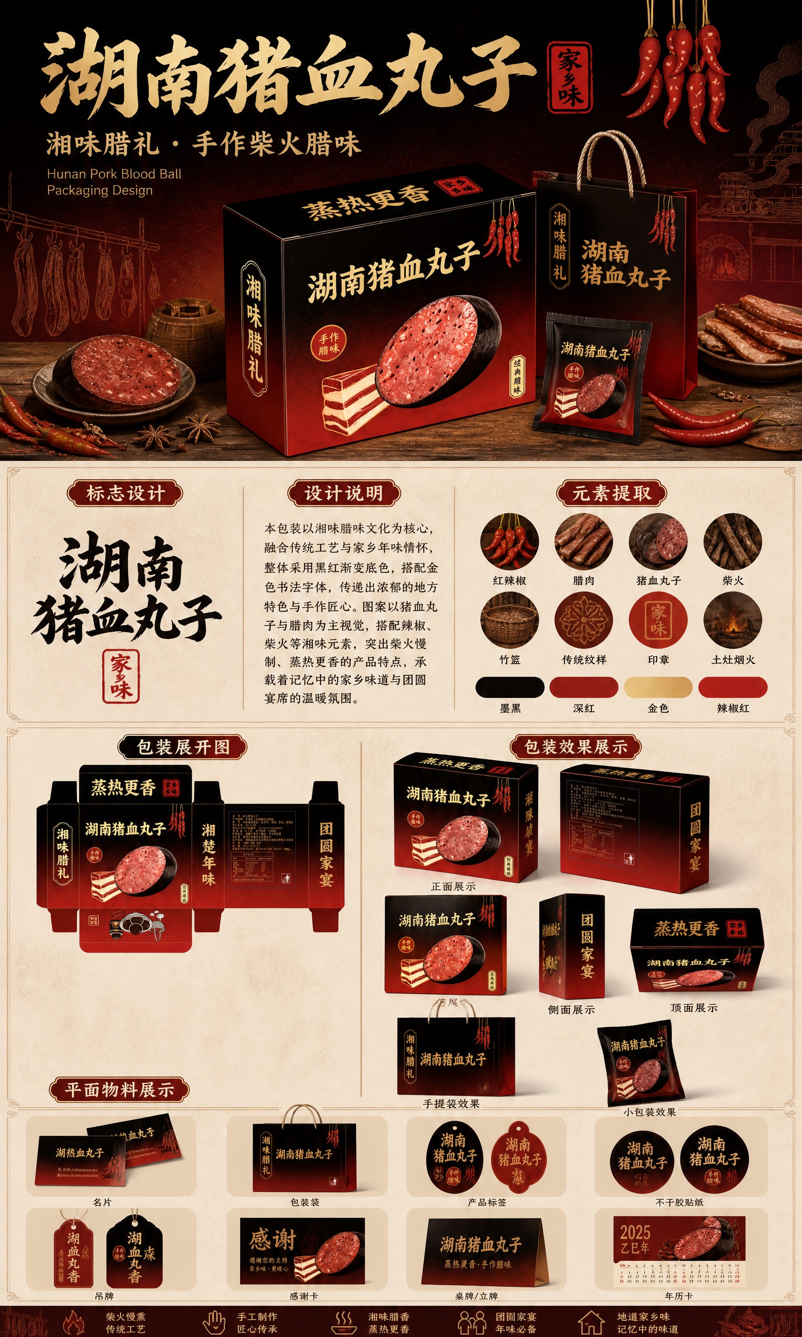 设计一张竖版长图包装设计展示展板，主题为湖南猪血丸子包装设计，… - 图片创意预览
