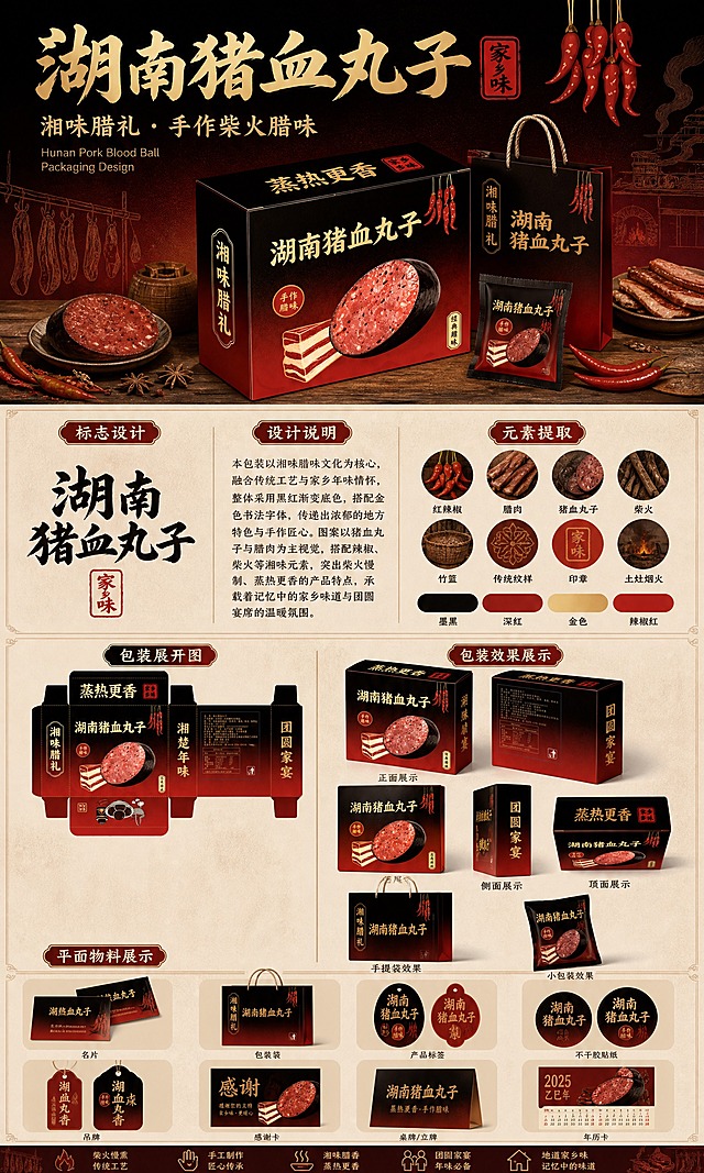 设计一张竖版长图包装设计展示展板，主题为湖南猪血丸子包装设计，整体版式参考上传的龙游黄茶展板结构，风格为黑红金湘味腊味传统风。

【整体版式】从上到下分为多个板块，竖版长图，排版精美，信息层级分明：

1.【顶部主视觉区】
- 大标题："湖南猪血丸子"金色大字，副标题"湘味腊礼 · 手作柴火腊味"
- 英文小字："Hunan Pork Blood Ball / Packaging Design"
- 背景：深黑到暗红渐变，配红辣椒串、腊肉剪影等腊味元素装饰
- 中央展示：包装盒立体效果图（100%还原上传猪血丸子包装盒的黑红渐变配色、金色"湖南猪血丸子"大字、"蒸热更香"顶部文字、猪血丸子切片图案、腊肉图案、红辣椒装饰、"手作腊味"红色圆标、"湘味腊礼"竖标），搭配手提袋、小包装等组合陈列，放在木质台面上，旁边有红辣椒、腊肉、香料等腊味元素点缀

2.【标志设计 + 设计说明 + 元素提取区】三栏布局
- 左栏"标志设计"：展示"湖南猪血丸子"书法字体logo，配印章"家乡味"
- 中栏"设计说明"：介绍设计理念，文字内容围绕湘味腊味、柴火手工、家乡年味展开
- 右栏"元素提取"：圆形小图展示提取的设计元素（红辣椒、腊肉、猪血丸子、柴火、传统纹样等），下方配配色色卡（黑、深红、金、辣椒红）

3.【包装展开图 + 包装效果展示区】
- 左："包装展开图"展示包装盒刀版图（黑红渐变底色、金色文字、各面布局）
- 右："包装效果展示"多角度展示包装盒（正面、侧面、顶面），配手提袋效果

4.【平面物料展示区】
- "平面物料展示"标题，展示多种周边物料应用：名片、包装袋、标签、贴纸、日历等，均采用统一的黑红金腊味风格

【视觉风格】
- 主色调：黑色、深红色、金色，延续产品包装配色
- 背景：暖米色/浅棕色底，带细微纹理，各板块用细线或色块分隔
- 装饰元素：红辣椒、腊肉、柴火、传统纹样、印章等腊味相关元素
- 字体：标题用书法体/粗黑体，正文用简洁宋体，全部文字清晰可读
- 整体氛围：传统、地道、有食欲感的湘味腊味包装设计展板

画面中所有信息区域、文字板块、说明区必须填充完整合理的内容，不得出现空白框、空白占位或空列表项。