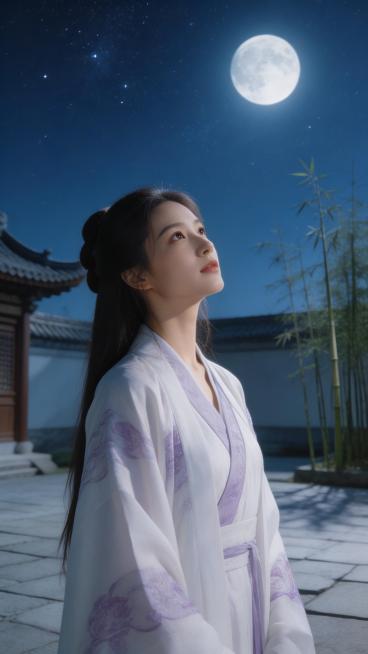 古风浪漫深情星河，女子立于庭院中，仰头望月，月光洒满她的衣襟与发丝。夜空中星辰如碎钻散布，画面略带清冷感，但月光柔和。色调为深蓝、月白与淡紫，无任何文字预览效果