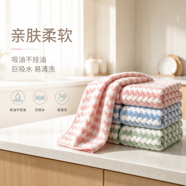 [单张主图] 多功能吸水抹布毛巾，高级氛围感主图，展示产品洁净实用特性。
[画面主体] 保持抹布产品外观物理结构材质颜色与输入产品图完全一致，粉蓝绿三色叠放，粉色抹布搭出自然垂坠造型，主体占比约50%预览效果
