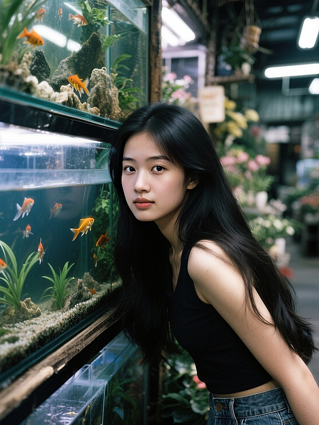 千禧年少女穿搭。暗调的老式花鸟市场，靠在巨型鱼缸边。
