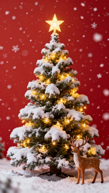 一棵被白雪覆盖的圣诞树，树上装饰着闪烁的黄色小灯，树顶有一颗明亮的星星，树旁有一只站立的驯鹿，背景是纯红色，雪花从空中飘落，整体画面温馨浪漫，具有节日氛围预览效果