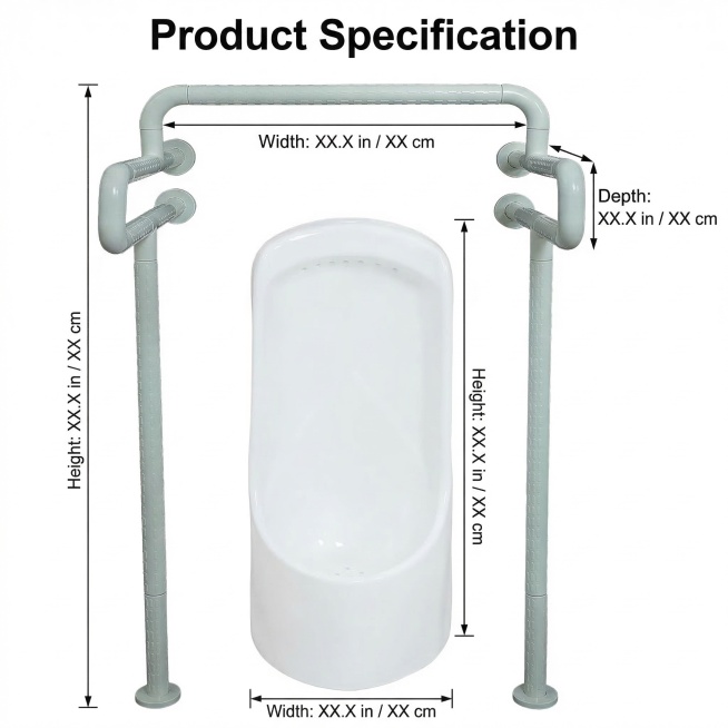 主图主题：Product Dimension Specification
[氛围/风格] 清晰参数展示 简洁专业
[画面元素] 扶手产品正视图放在画面中心，用纤细线条标注出产品长宽高尺寸，同时标注英寸预览效果