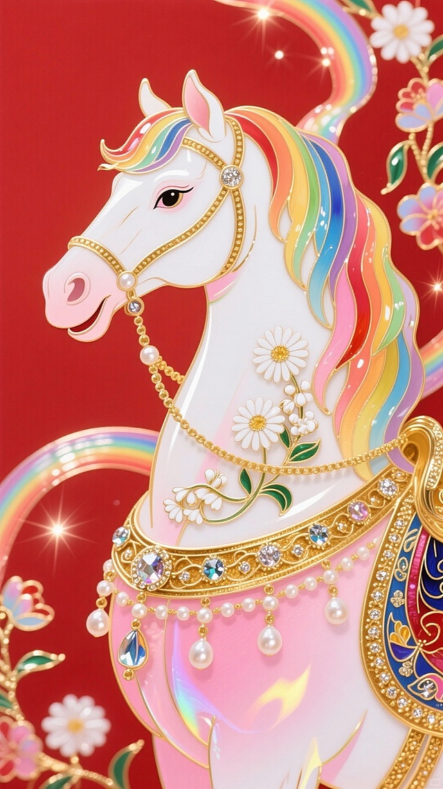 主体是粉白渐变仙马的上半身特写（鬃毛呈彩虹渐变，轻盈梦幻，马身装饰白色雏菊与铃兰纹样，搭配彩金华丽鞍具，镶水晶与珍珠），呈微笑眨眼的俏皮姿态。背景为正红底，周围融入飘逸的彩虹花蔓光带，花蔓如星光般流动，整体风格奢华灵动又梦幻，色调以红、粉、白、彩虹金为主。
