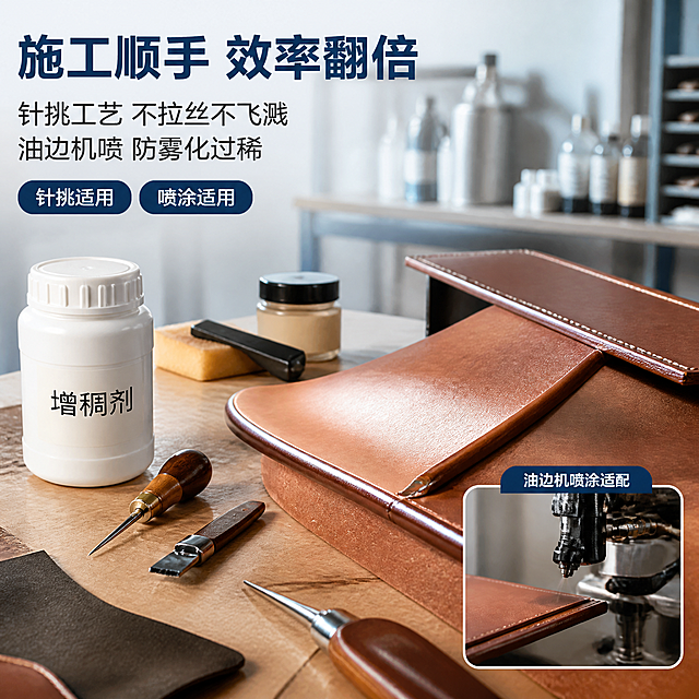 [主图-4] 施工场景与适用工艺展示。
[氛围风格] 工业化工专业风 真实施工场景 专业可信。
[画质] 商业摄影质感 场景真实 细节丰富 产品清晰。
[元素] 画面主体为皮革手工工作台场景 桌面上有皮革料 油边工具 针挑工具 小号白色增稠剂瓶放在工作台一角 产品外观与输入产品图保持绝对一致 杜绝变形色差。桌面上展示正在进行油边施工的皮革 边缘饱满圆润。背景为浅灰蓝色虚化的工作室环境 有置物架和化工容器作远景点缀。画面右下角有油边机喷涂施工的局部小窗插图。商品主体（增稠剂瓶）占比约25% 场景丰富但突出产品与施工效果。画面满屏无边框。
[光影] 工作台上方主光柔光打亮 模拟工作室顶灯效果 桌面有自然阴影 皮革纹理和油边光泽清晰可见 整体光线温暖中带专业冷调 明暗层次丰富。
[配色] 主色浅灰蓝背景 辅色木色桌面 棕色皮革 白色产品瓶 强调色深蓝。
[视角构图] 俯视45度角 工作台为视觉中心 增稠剂瓶放在桌面左上位置 场景层次分明 前中后景清晰 景深中等。
[文字版式] 左上区域左对齐排版 顶部大标题"施工顺手 效率翻倍" 深蓝色粗体无衬线大号。下方两行辅助说明 第一行"针挑工艺 不拉丝不飞溅" 第二行"油边机喷 防雾化过稀" 中号深灰色。大标题下方有两个蓝色圆角小标签 分别写"针挑适用""喷涂适用"。右下角小窗上方标"油边机喷涂适配" 小号白色字在深蓝底条上。文字全部放在负空间 不遮挡产品和主要施工场景。
[输出要求] 1:1比例 文字清晰锐利 超高清商业摄影质感。
[负向提示词] 变形 文字错乱 产品图模糊 背景杂乱 水印 电商平台Logo 多余的手 畸形手 人物面部扭曲 手部扭曲。