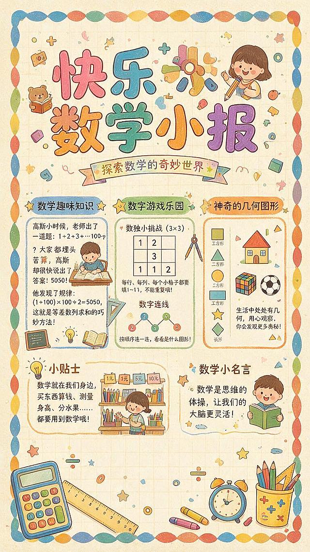 一张数学小报设计图，卡通可爱风格，包含数学趣味知识、数字游戏、几何图形等板块，有加减乘除符号、几何图形、计算器、尺子等数学元素装饰，色彩明亮活泼，适合小学生的手抄报版式设计