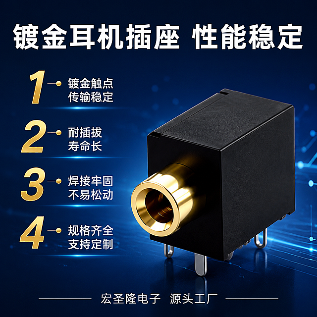 [主图-2] 耳机插座核心卖点图，编号式卖点展示。
[氛围风格] 工业科技风，深蓝金配色，专业严谨；
[画质] 商业摄影质感、光线通透、产品清晰锐利、画面干净。
[元素] 画面右侧放大展示单个3.5mm耳机插座（镀金插孔正面朝向观众），黑色方形外壳，金色插孔细节清晰。左侧为竖排编号卖点区。背景为深蓝色渐变（上深下浅），科技感微光粒子点缀。保持产品外观（黑色塑料外壳+金色镀金插孔+银色引脚）与输入产品图一致，杜绝变形色差，精细化处理；商品主体占比约50%。
[光影] 右侧主光打亮产品，金色插孔有明显高光反射，黑色外壳质感细腻，左侧文案区有柔和补光，整体冷色调科技感。
[配色] 主色深蓝（#002B7F）、辅色金色（#D4AF37）、文字白色+金色点缀；编号数字用金色大号。
[视角构图] 平视视角，产品居右，左侧文案区，左右分栏构图，景深适中。
[文字版式] 顶部大标题白字粗体：「镀金耳机插座 性能稳定」。左侧竖排4条编号卖点，每条金色大号数字+白色中文说明，上下排列：1 「镀金触点 传输稳定」、2 「耐插拔 寿命长」、3 「焊接牢固 不易松动」、4 「规格齐全 支持定制」。每条卖点前有金色小圆点或短横线装饰。底部小字白字：「宏圣隆电子 源头工厂」。
[输出要求] 1:1比例，文字清晰锐利，超高清商业摄影质感。
[负向提示词] 变形，文字错乱，产品模糊，背景杂乱，水印，电商平台Logo，人物，手指。