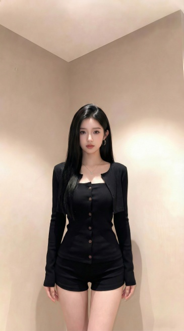 将图三人物替换为图一图二的穿搭，上半身参考图二的黑色短款开衫+排扣内搭细节，下半身搭配图一的黑色短裤，人物为模特身材，腰细比例好，去掉包包，双手自然下垂，脖子佩戴精致项链，9:16比例半身图，真实自然预览效果