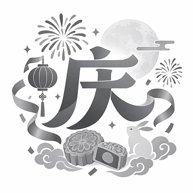 中秋节商城小图标，中心是一个大大的灰色'庆'字，字体喜庆有设计感，周围环绕着烟花、彩带、月饼等中秋节日元素装饰，整体灰色高级风格，中灰色为主色调，搭配深灰和浅灰层次，扁平化设计，简洁现代，适合电商商城促销使用，白色背景，图标清晰精致，矢量风格，质感高级