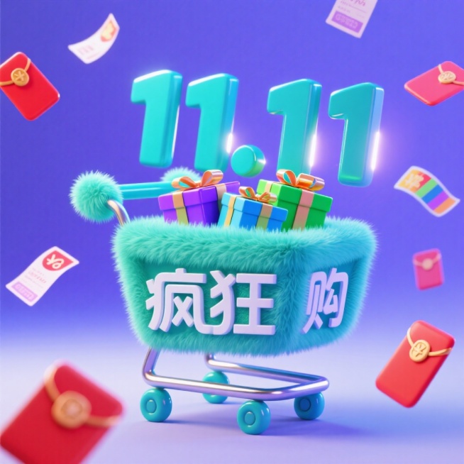蓝绿色
“疯狂购” 购物车，内装紫色、绿色、蓝色礼盒，有“11.11” 的立体字，周围点缀红包、优惠券，背景为蓝紫色预览效果