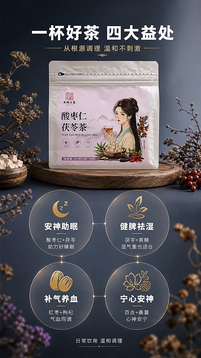 [商品] 使用【图1】【图2】酸枣仁茯苓茶产品袋；保留全部包装外观、颜色、文字与Logo；产品外观完全不变。
[画面] 核心益处页，目标展示4大调理价值。产品袋立放在画面中央偏上木质展台上，占画面30%。产品下方分布4个大圆形卖点图标，2列2行排列，每个圆形内有对应益处的简约图案与文字。4大益处：安神助眠、健脾祛湿、补气养血、宁心安神。圆形之间有细微连接线。背景深灰蓝渐变，四周有干花与草本枝条装饰。
[视觉] 套系策略：风格=高级暗调商业摄影；标题字=简约黑体粗体；正文字=简洁黑体细体；主色=深灰蓝；背景延展=深灰蓝到浅灰的竖向渐变，搭配木质展台与自然植物元素；强调色=暖金色，仅用于小面积图标、引线、标签和重点字；标题色=纯白色；正文色=浅灰色；组件=细线图标、半透明圆形信息卡、细引线；光影=左前侧柔和侧逆光，产品有自然高光与阴影。
[文字] 顶部大标题 一杯好茶 四大益处 白色粗体；副标题 从根源调理 温和不刺激 暖金色细体；4个圆形图标内 上方暖金色图案 中间白色益处名称 下方浅灰色小字说明 1.安神助眠 酸枣仁+茯苓 助力好睡眠 2.健脾祛湿 茯苓+黄精 湿气重也适合 3.补气养血 红枣+枸杞 气血同调 4.宁心安神 百合+桑葚 心神安宁；底部小字 日常饮用 温和调理 浅灰色。
[规格] 图片比例9:16竖版，2K，避免变形、错字、模糊、杂乱、水印、平台Logo、治疗功效宣称、绝对化用语。