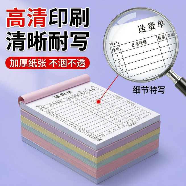 送货单定制第三张主图，产品外观保持和原图一致。主题：细节工艺特写展示。氛围风格：和前两张保持统一风格色系。画面元素：使用放大镜特效放大展示送货单表格印刷细节，放大区域为表格文字，清晰展示无重影印刷效果预览效果