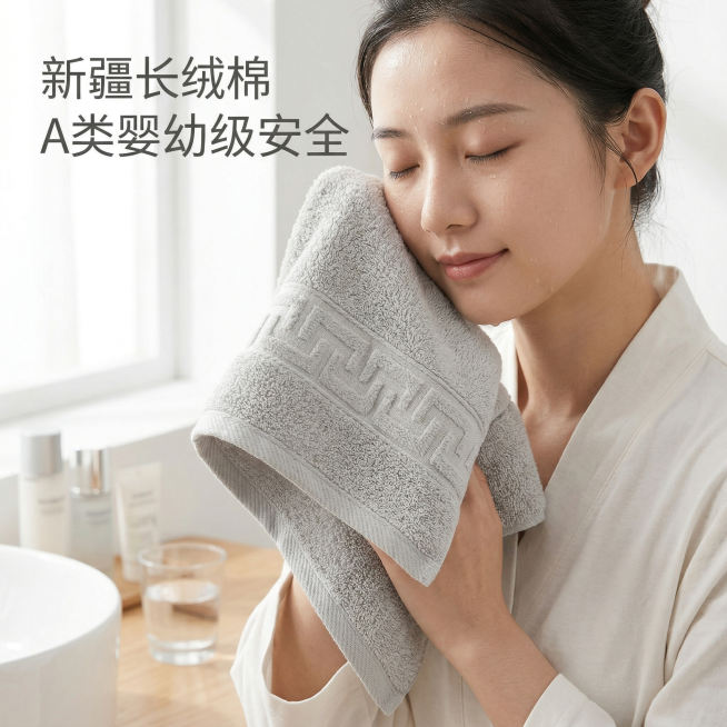 生成图强纯棉抗菌毛巾淘宝主图，晨间浴室场景，干净明亮自然光，一位年轻亚洲女性刚打湿面部，手拿这款浅灰色毛巾轻按在脸上吸干水分，毛圈和缎档细节必须和参考图细节完全一致，不能修改，禁止使用蓝色系，突出新疆预览效果
