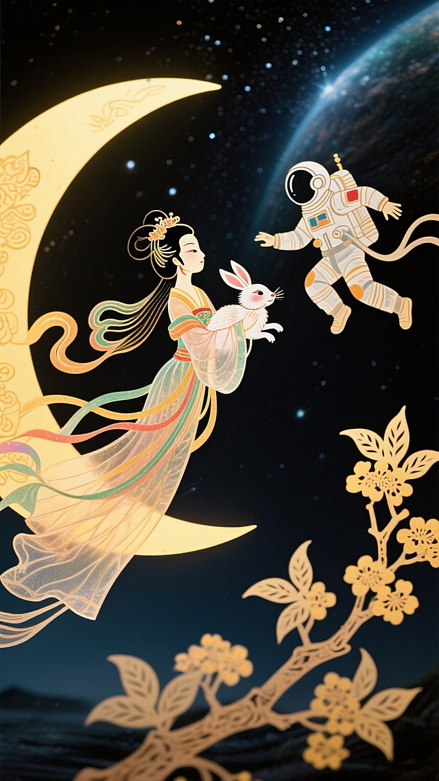 梦幻感与科技感交融，嫦娥怀抱玉兔立于金月之上，宇航员飘浮星际，剪纸风枝梅点缀，国潮插画演绎中秋浪漫。