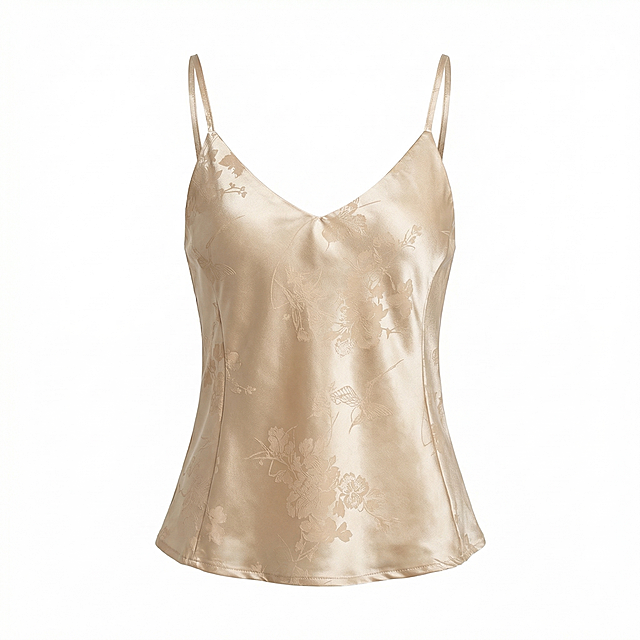 产品主体位于画面绝对正中心，垂直居中，水平居中，产品主体占据整个画面的 60%-80%，顶部空白区域与底部空白区域高度严格相等，严禁偏下，严禁贴边，严禁切图。正视，微俯拍视角。保留1个香槟色提花缎面吊带背心产品主体，保留其暗纹提花光泽面料细节。去除衣架和挂钩，产品绝对居中，上下留白相等。
必须将主体与背景完全物理剥离（抠图级剥离），非主体区域的背景像素必须 100% 强制覆写为 #FFFFFF 纯白，绝对纯净无杂色，不受任何环境光影响；智能瑕疵修复，全新成色，无瑕疵，无污渍，去除灰尘划痕，平整所有布面褶皱，消除使用痕迹，表面平整光滑，商业级精修，细节清晰锐利。
3D隐形模特效果，人体工学支撑，自然立体身形。悬浮于空中，但严禁倾斜歪曲，保持正向展示。无阴影，无杂物，展现面料自然垂坠感。
产品居中，无杂物，3D隐形模特效果，人体工学支撑，自然身形饱满，领口中空，自然重力垂坠，织物纹理顺滑，去除毛球线头，专业产品摄影，轮廓光，8k高清，严禁裁剪主体，保留完整边缘。再次强调：产品绝对居中，上下留白相等。