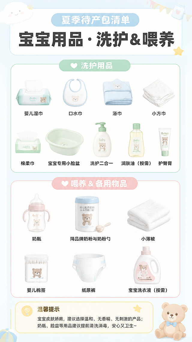 [第7张] 夏季待产包清单-宝宝用品·洗护与喂养篇。
[氛围/风格] 温柔清新母婴风，信息图排版，可爱治愈，婴儿感。
[元素布局] 顶部分区标题，中部按「洗护用品」「喂养&备用物品」分两块展示，每块配婴儿小图标（湿巾、浴巾、奶瓶、纸尿裤等）；底部小提示框。
[光影质感] 均匀柔光，明亮通透，柔和温暖。
[配色色系] 全局底色 #F0F9FF 浅蓝白；分区小标题用浅薄荷绿和浅粉底色块；字色深棕灰。
[视角构图] 竖版上下结构，顶部标题 → 中上洗护用品 → 中下喂养备用 → 底部提示框。
[文字版式] 顶部大标题「宝宝用品 · 洗护 & 喂养」粗黑体；第一分区「洗护用品」薄荷绿圆角底白字：婴儿湿巾、口水巾、浴巾、小方巾、棉柔巾、宝宝专用小脸盆、洗护二合一、润肤油（按需）、护臀膏；第二分区「喂养 & 备用物品」浅粉圆角底白字：奶瓶、同品牌奶粉与奶粉勺、小薄被、婴儿棉签、纸尿裤、宝宝洗衣液（按需）；底部黄色提示框。
[比例分辨率] 9:16 竖版比例，4K分辨率，文字清晰可辨，高清画质。
[负向提示词] 变形，水印，文字错乱，文字过小，背景杂乱，人物面部。