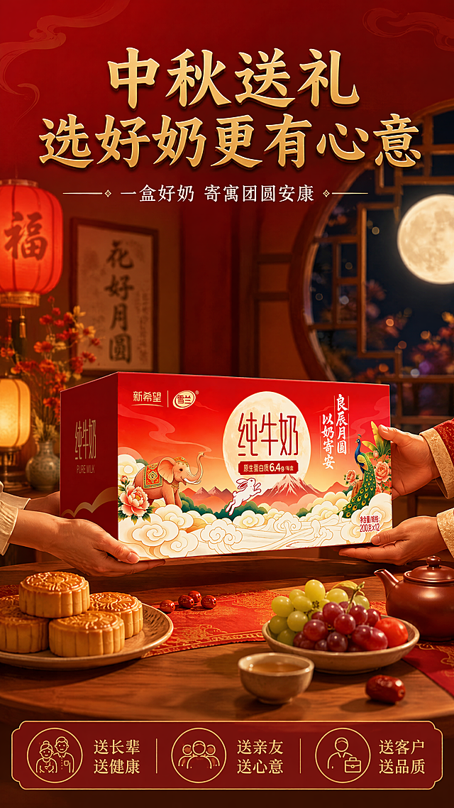 [第6张] 详情页中秋礼赠页-送礼场景与礼盒细节展示。本张使用【图1】作为商品主体。
[氛围/风格] 中秋佳节喜庆氛围，温馨家庭场景，红金国潮风，礼赠仪式感。
[元素布局] 画面为中秋家庭餐桌场景：木质圆桌上摆放着月饼、水果、茶具，中央放置新希望雪兰纯牛奶中秋礼盒，占比约50%；礼盒旁有一双正在递礼盒的手，传递送礼的温馨感；背景为中式客厅虚化，有红灯笼、月亮窗棂等中秋元素；整体暖色调，温馨团圆。
[光影质感] 暖黄色室内灯光，柔和温馨，礼盒正面受光清晰，阴影自然，整体氛围温暖有节日感。
[配色色系] 全局底色 #C41E3A 正红暖调；主色红色+金色；辅助色木色、暖黄灯光。
[视角构图] 45°平视餐桌场景，礼盒为视觉中心，阅读动线：顶部标题 → 中央礼盒场景 → 底部送礼场景说明。
[文字版式] 顶部大标题「中秋送礼 选好奶更有心意」，金色宋体大字；副标题「一盒好奶 寄寓团圆安康」，白色小字；底部三个送礼场景标签横排：「送长辈 送健康」「送亲友 送心意」「送客户 送品质」，每个配小图标；文字不遮挡礼盒主体。
[比例分辨率] 9:16竖版比例，4K分辨率，文字清晰可辨，高清画质。
[负向提示词] 礼盒变形，颜色偏差，水印，文字错乱，产品图模糊，人物面部不清，场景杂乱。