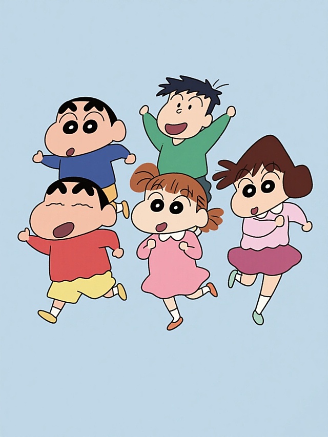 蜡笔小新动画风格插画，小新、风间、妮妮、正南、阿呆五位主角，保持原作角色特征与经典服饰，动态活泼，表情生动，纯色背景，无文字无logo无水印，画面简洁明快，色彩鲜明。