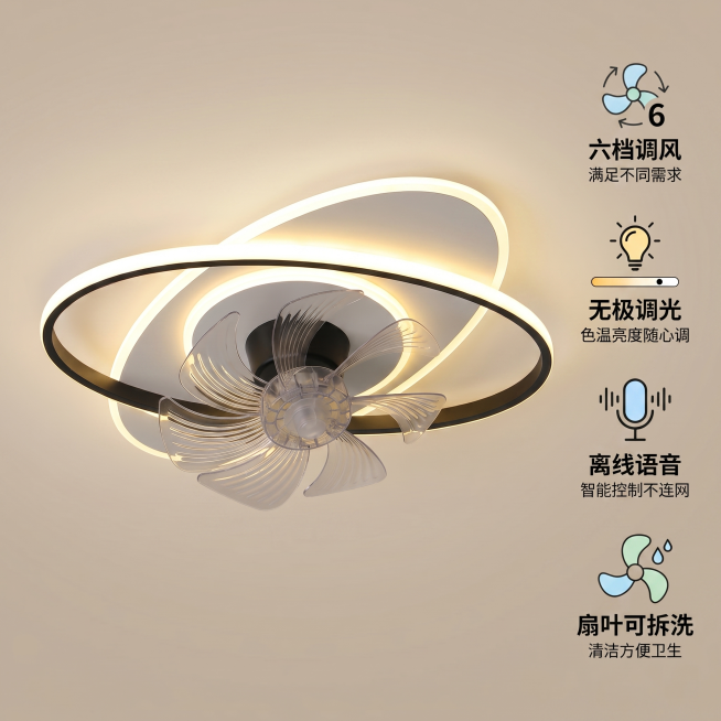 [主图2] 吸顶风扇灯核心功能卖点展示图；[氛围风格] 温馨舒适现代风，干净高级产品展示感；[画质] 商业摄影质感，光线柔和通透，产品清晰真实，画面干净高级；[元素] 产品主体居中展示，背景为浅米白渐预览效果