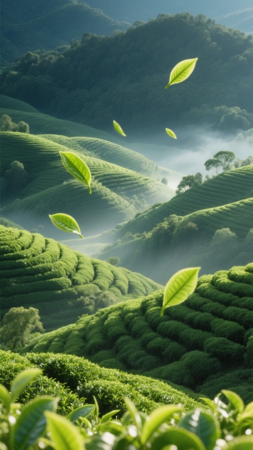 大远景视角下的绿茶茶山，清晨柔和的阳光洒在层层叠叠、连绵起伏的绿色茶山上，茶树叶片呈现出鲜绿、嫩绿到深绿的丰富渐变层次，空气中弥漫着清新的茶香，几片嫩绿的茶叶轻盈地从空中飘落，背景是深邃的墨绿色山林，整个画面光影柔和，色彩清新自然，充满生机与宁静悠远的氛围。预览效果
