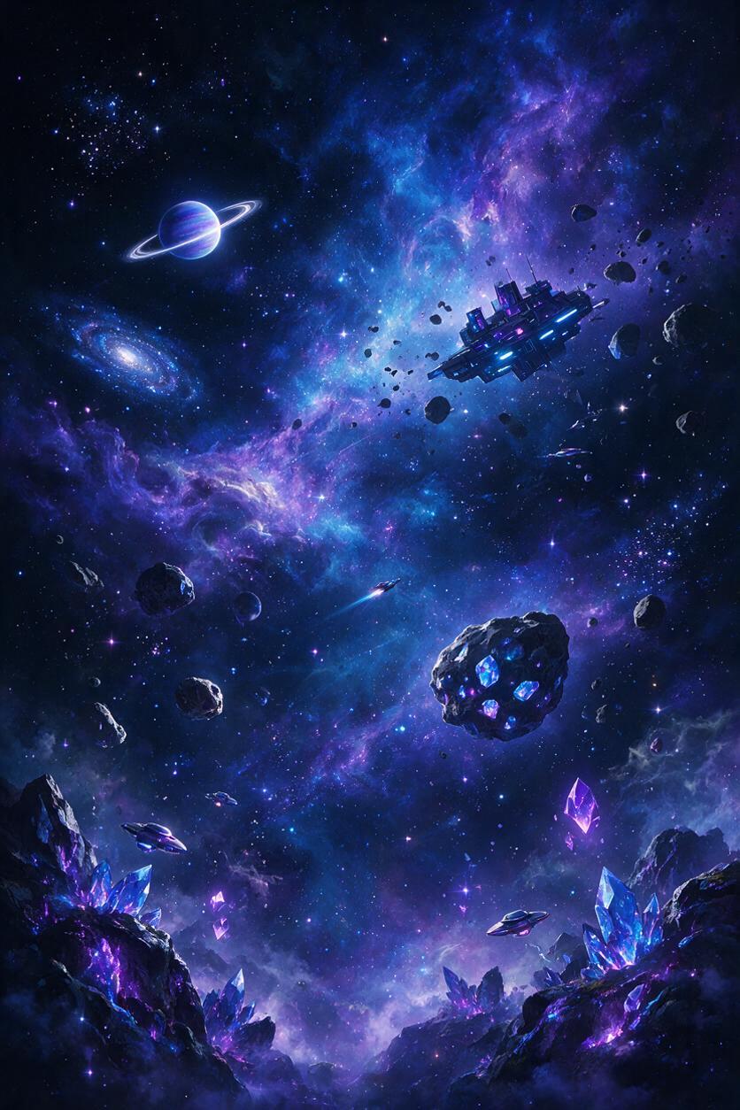 2D游戏纵向滚动背景，未来太空风格，深色宇宙中布满蓝色与紫色发… - 图片创意预览