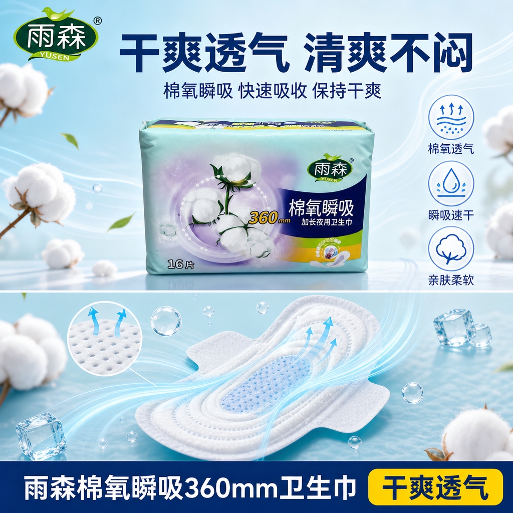 [主图-3 干爽透气卖点图] 雨森棉氧瞬吸360mm加长夜用卫… - 图片创意预览