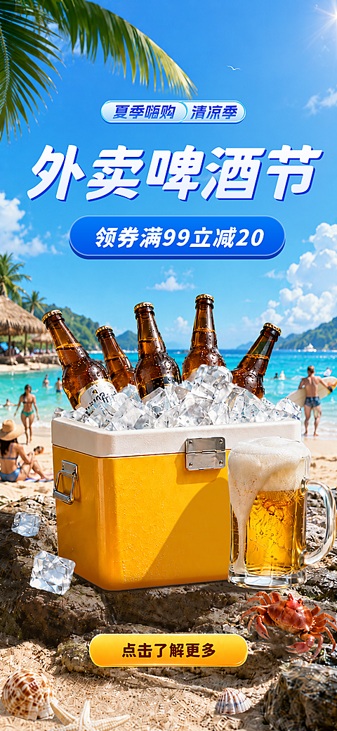 夏日狂欢啤酒促销优惠宣传手机实景风全屏竖版海报