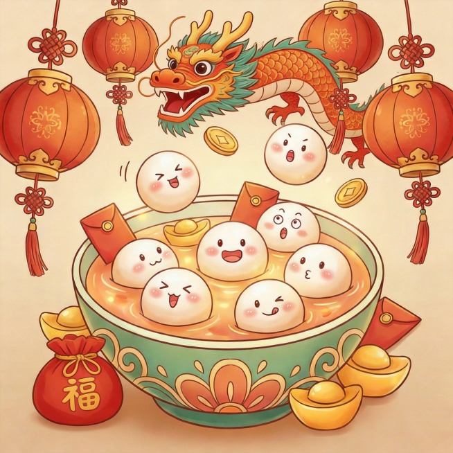 优化这张元宵元素图，替换特色元素，加入舞龙、元宵福袋元素，保持可爱风格预览效果