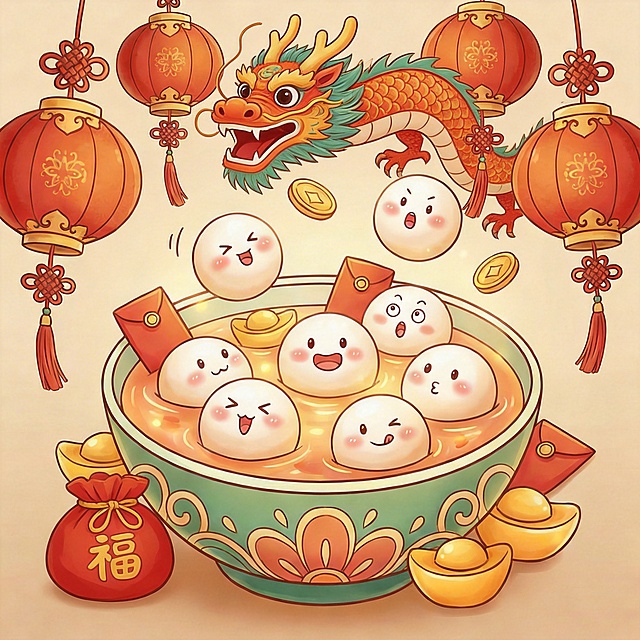 优化这张元宵元素图，替换特色元素，加入舞龙、元宵福袋元素，保持可爱风格