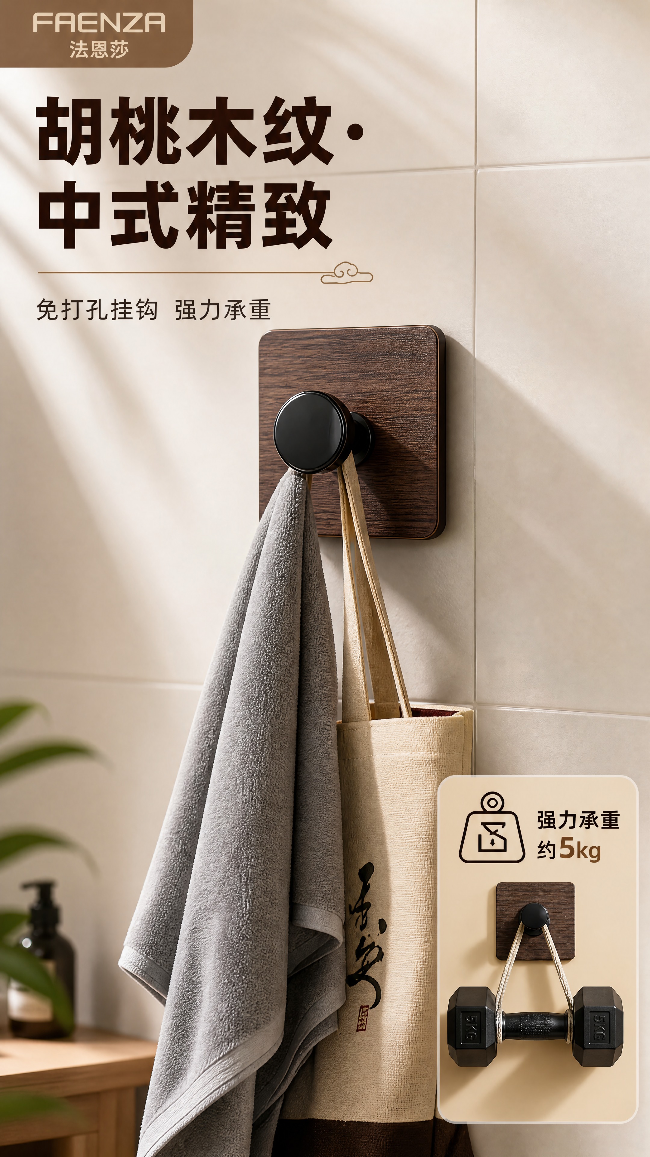 [商品] 使用【图3】法恩莎胡桃木纹免打孔挂钩；保留方形胡桃木… - 图片创意预览
