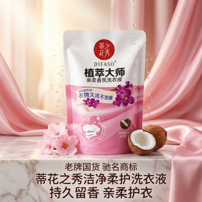 我是网店卖家，产品是我是网店卖家，产品是老品牌国货,蒂花之秀驰名商品袋装洗衣液，洗衣洁净，香味持久，根据你的经验帮我生成一个电商主图，提升一些洗衣液主体质感，切记不要出现网络违禁词,略微提升质感包装袋预览效果