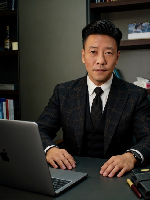 基于参考图人物特征，生成一张复古油头暗调绅士写真，中年成功男士，英伦风格，成熟闷骚魅力，适合社交平台预览效果