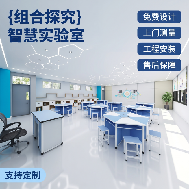 [主图 5] 组合式探究实验室整体空间展示主图。[氛围风格] 现代简约教育空间，专业明亮；[画质] 商业摄影质感、光线柔和通透、产品清晰真实、画面干净高级。[元素] 展示组合式探究实验室，六边形造型吊预览效果