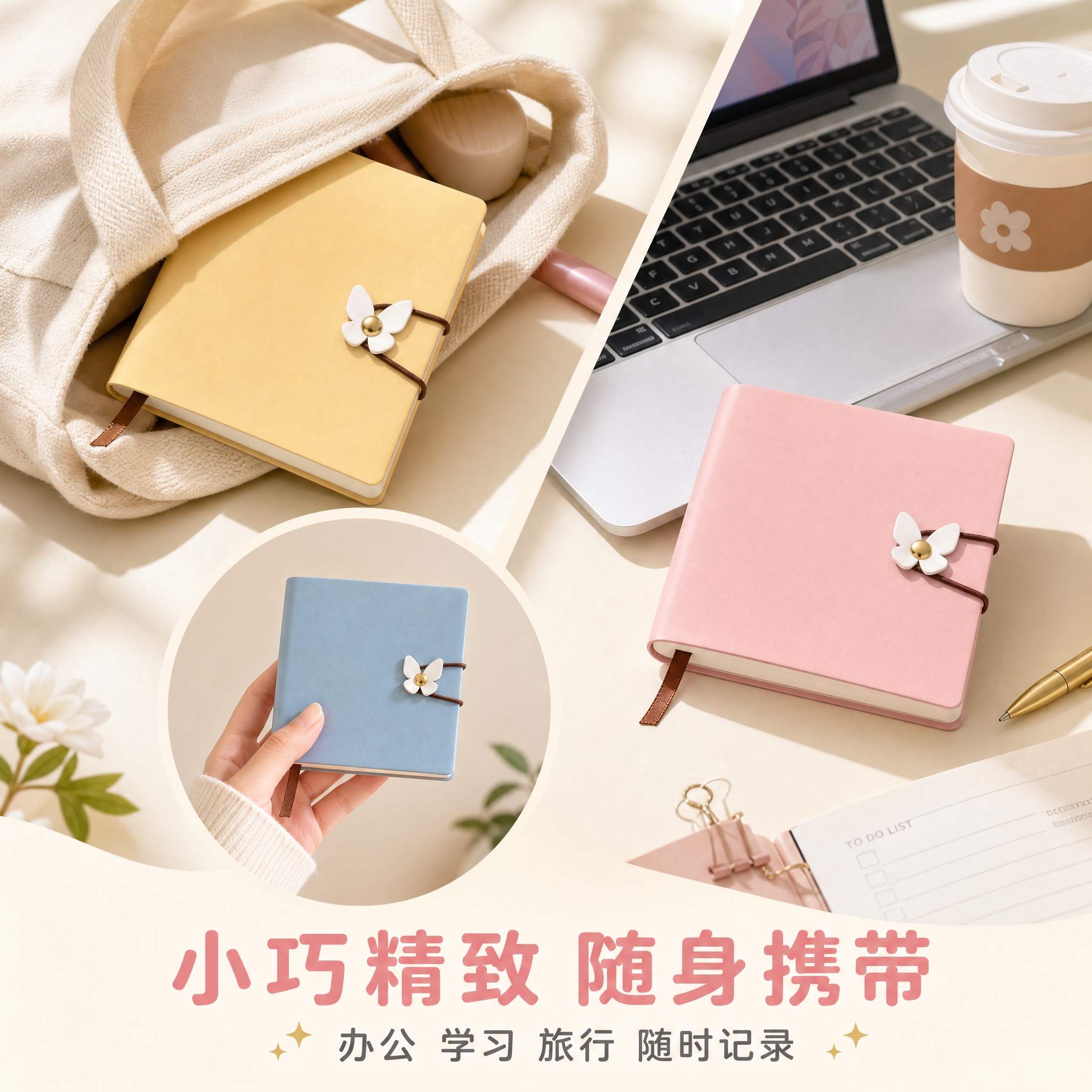 [主图-4] 使用场景与便携性展示，突出正方形笔记本小巧精致、… - 图片创意预览