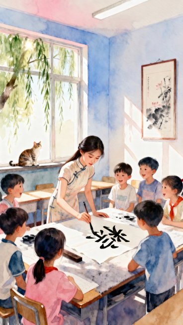 把图片中纸上原有的“五一劳动”毛笔字替换为单个毛笔字“粽”，保持其他人物、周围环境、摆设、窗外风景、水彩画风都不变，只修改纸上的文字内容预览效果