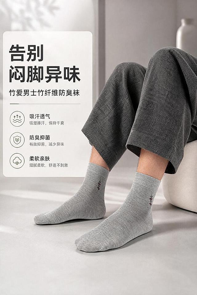 保持画面构图、人物姿势、裤子、背景和左侧文字排版完全不变，将图中的浅灰色中筒袜子细节高清还原，参照参考商品图的真实针织纹理质感，袜身竖纹针织纹路清晰细腻，袜口罗纹纹理真实，袜跟加固编织结构清晰，袜身侧面的菱形小图案细节准确还原，袜子面料呈现真实竹纤维棉质感，光影自然，质感真实细腻，整体画质高清锐利