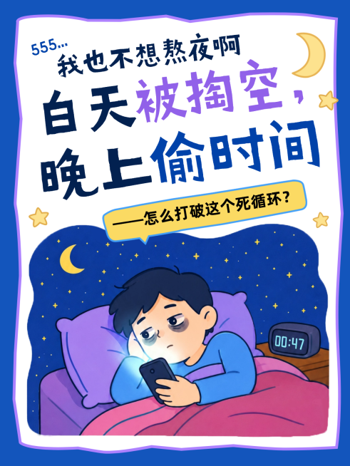 熬夜焦虑拖延主题卡通感插画小红书封面预览效果