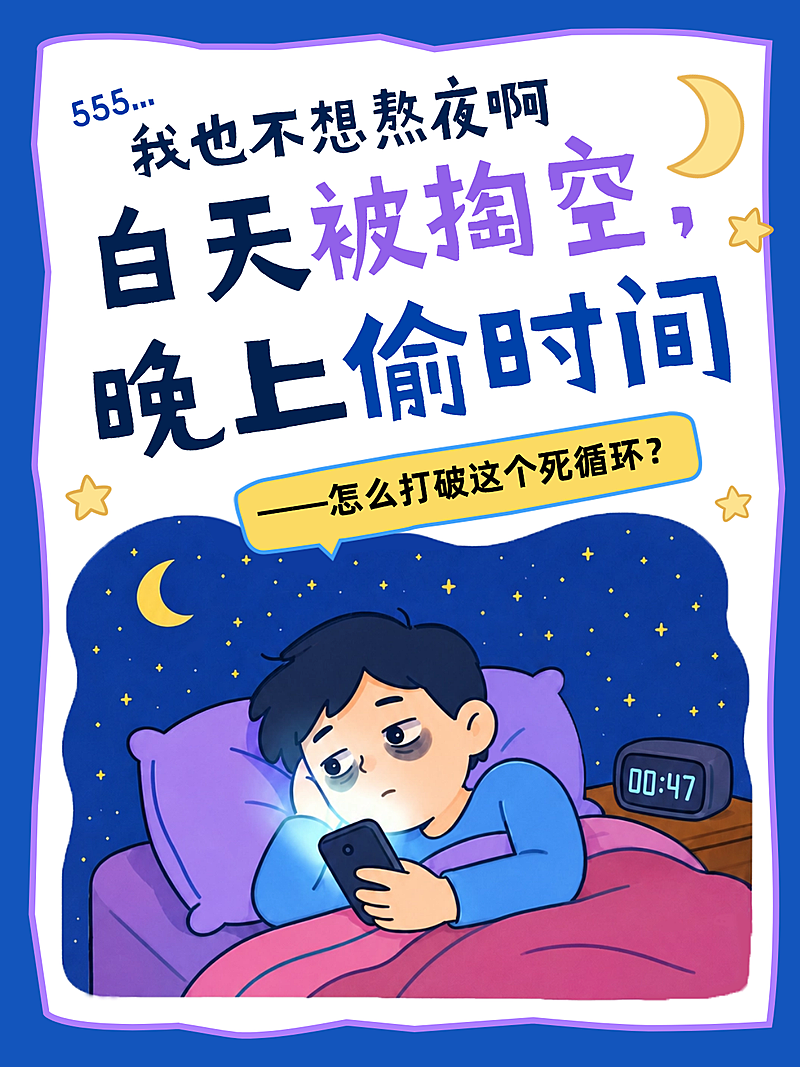 熬夜焦虑拖延主题卡通感插画小红书封面
