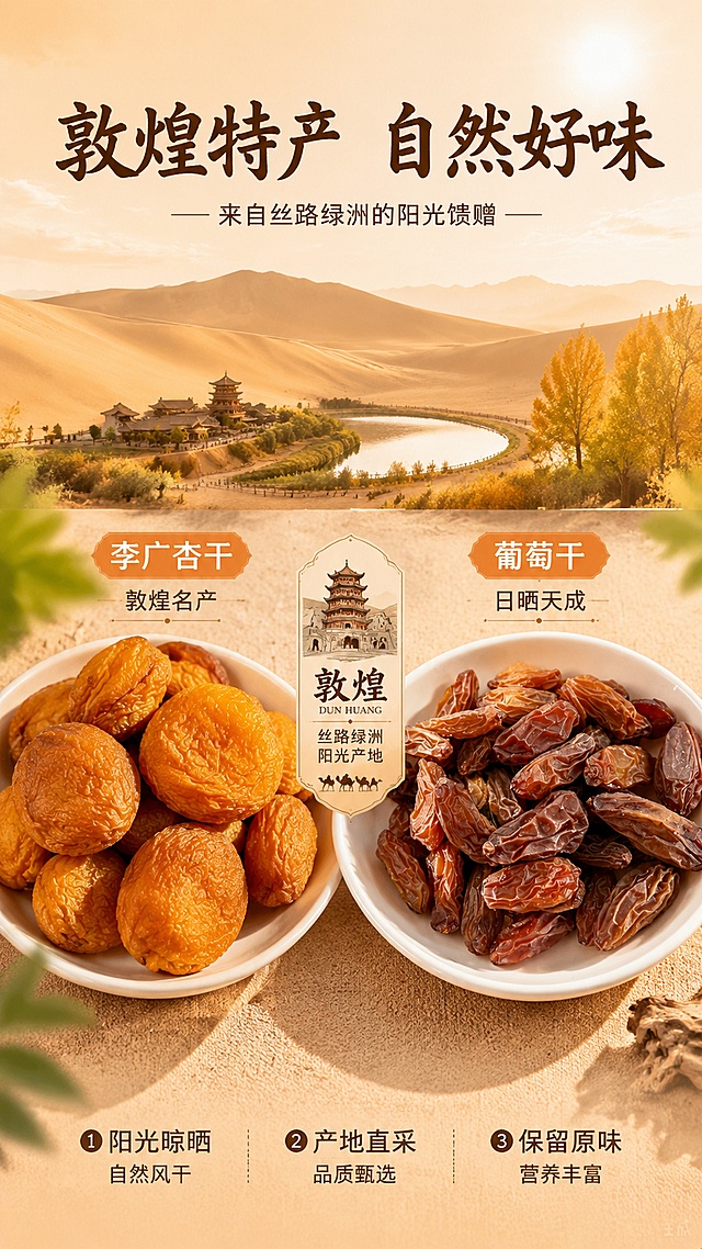 [第4屏] 原料产地-敦煌特产果干品质展示。本屏使用【图3】李广杏干、【图7】葡萄干作为原料主体展示。
[氛围/风格] 产地原生态质感，暖金色阳光氛围，敦煌地域特色，商业摄影真实感。
[元素布局] 画面上半部分为敦煌鸣沙山月牙泉/戈壁绿洲远景，占比约40%，阳光洒下的金色光晕；下半部分左右分栏，左侧一大碗李广杏干（参考【图3】形态），右侧一大碗葡萄干（参考【图7】形态），两碗果干颗粒饱满、色泽自然；中间穿插敦煌地标小图标+产地标签；背景隐约可见沙漠、胡杨树元素；果干占主画面合计约50%。
[光影质感] 自然日光从上方照射，果干表面有自然光泽和阴影，颗粒纹理清晰，温暖阳光感十足。
[配色色系] 全局底色 #EDC9AF（沙漠杏色）；主色 #C68642（敦煌土黄）；辅助色 #8B4513（土褐）、#228B22（绿洲绿）；点缀金色阳光。
[视角构图] 上下分层构图，上产地下原料，阅读动线顶部标题 → 中部产地场景 → 底部两碗果干对比。
[文字版式] 顶部大标题「敦煌特产 自然好味」，书法黑体深褐色；副标题「来自丝路绿洲的阳光馈赠」，温润宋体；左碗上方标签「李广杏干 敦煌名产」，右碗上方标签「葡萄干 日晒天成」；底部三行小卖点「❶ 阳光晾晒 自然风干 ❷ 产地直采 品质甄选 ❸ 保留原味 营养丰富」。字色：主标题深褐，标签橙底白字，卖点深褐。
[比例分辨率] 9:16 竖版比例，4K分辨率，文字清晰可辨，高清画质。
[负向提示词] 果干变形，形态错误，水印，文字错乱，颜色偏差，背景杂乱。