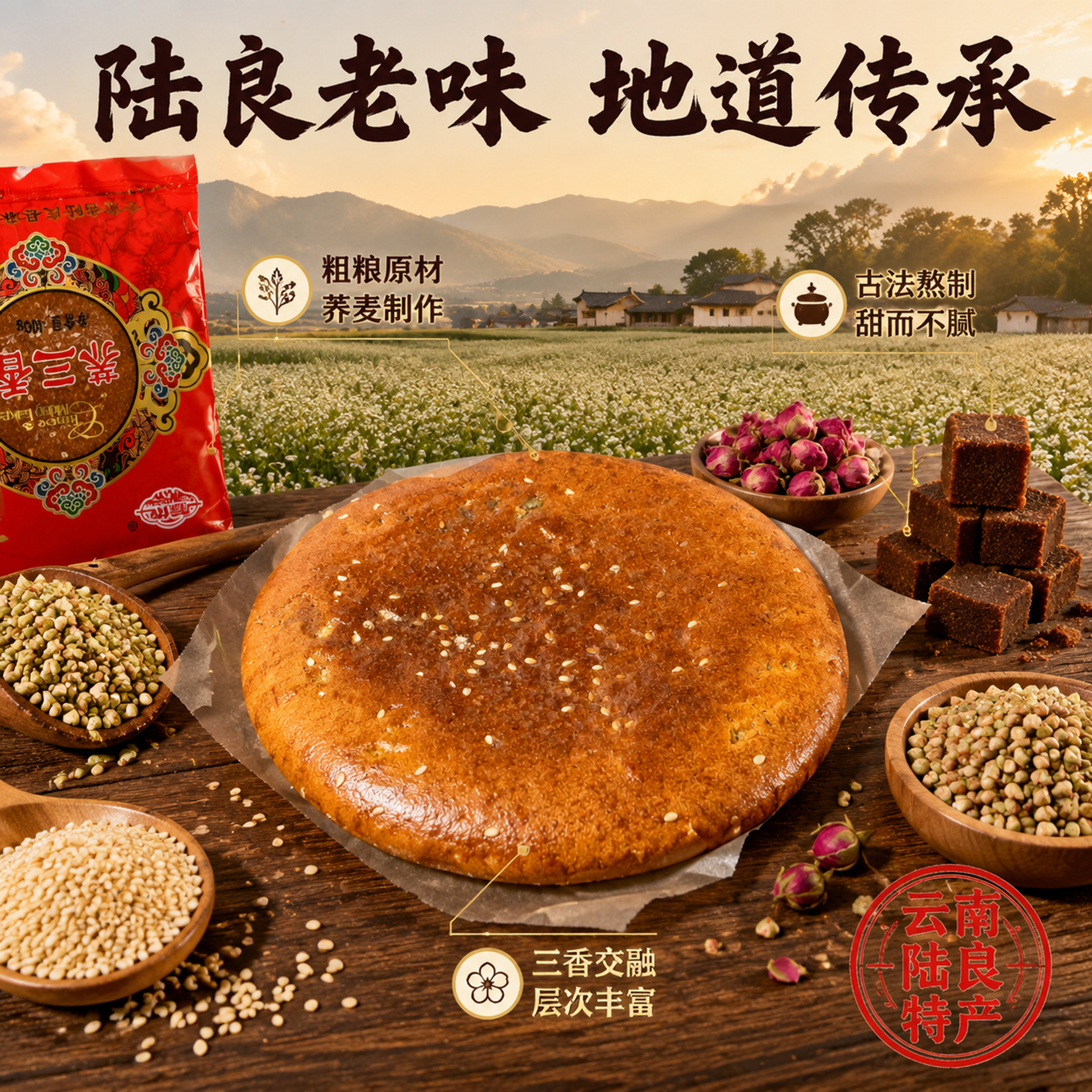 [主图-2] 荞三香产地溯源与核心亮点图，陆良老味信任背书。… - 图片创意预览