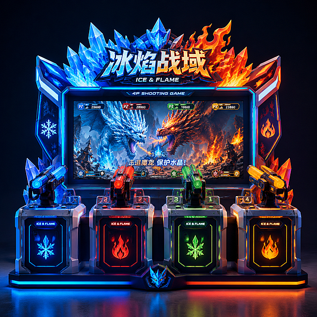 赛博朋克风3D游戏机，冰火对决主题，霓虹灯与金属质感交织，粒子特效渲染酷炫战斗场景，重拟物设计强化体积感与未来科技感。