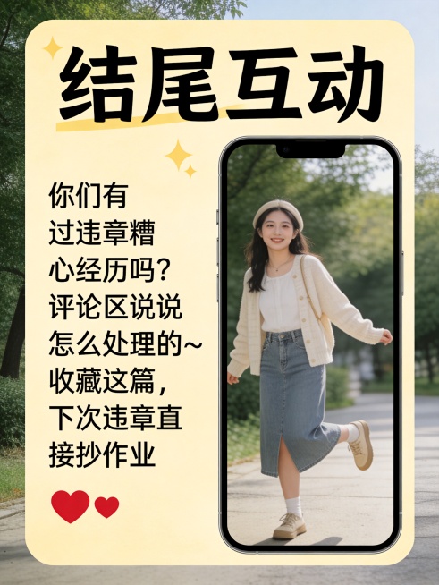 小红书干货图文结尾页，淡黄色简约温馨背景，温暖活泼风格，大字标题"结尾互动"，正文文字：你们有过违章糟心经历吗？评论区说说怎么处理的～收藏这篇，下次违章直接抄作业，末尾加上红色爱心表情，整体排版舒适，预览效果