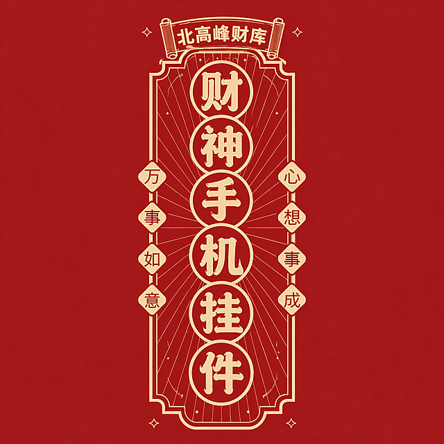 参考第二张图的样式，将文字“北高峰财库”以卷轴形式添加到第一张图的顶部位置，保留第一张图原有的红色背景米黄色字体、国潮排版设计和所有元素不变