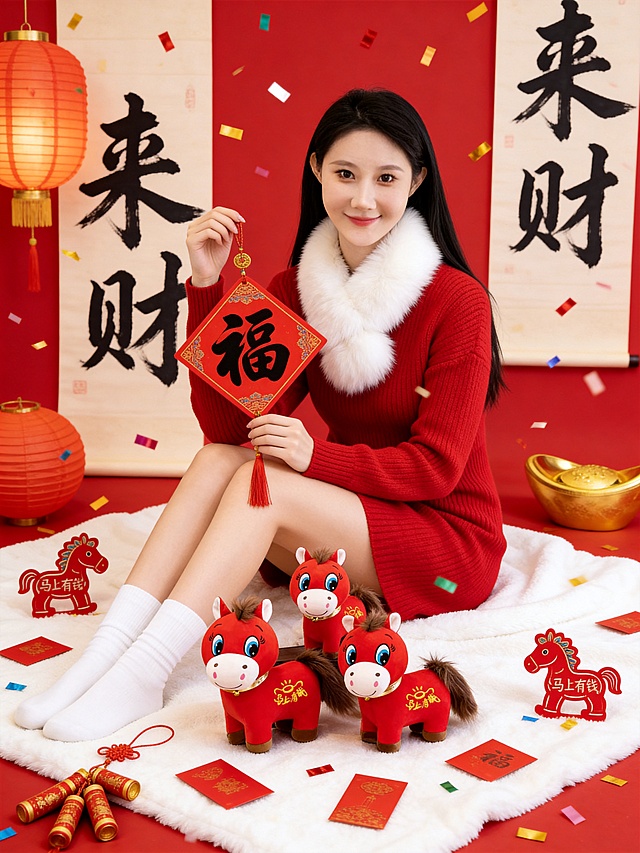 图示人物面带微笑，穿红色毛衣裙+白色毛领+白色袜子，坐在白色毛毯上，手里拿着红色“福”字挂饰，周围布置了金色元宝道具、小马窗花、散落的红包、小鞭炮，背景是书法风对联“来财”和灯笼，洒落彩带，红色背景。