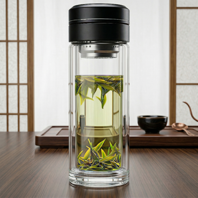 保持玻璃杯整体结构、黑色盖子、杯内茶叶形态完全不变，更换为高档简约茶室背景，玻璃杯后方为干净白色布景，升级双层玻璃通透度，可透过玻璃清晰透视后方场景，大师级商业级布景灯光，整体质感高级专业。负向提示词预览效果