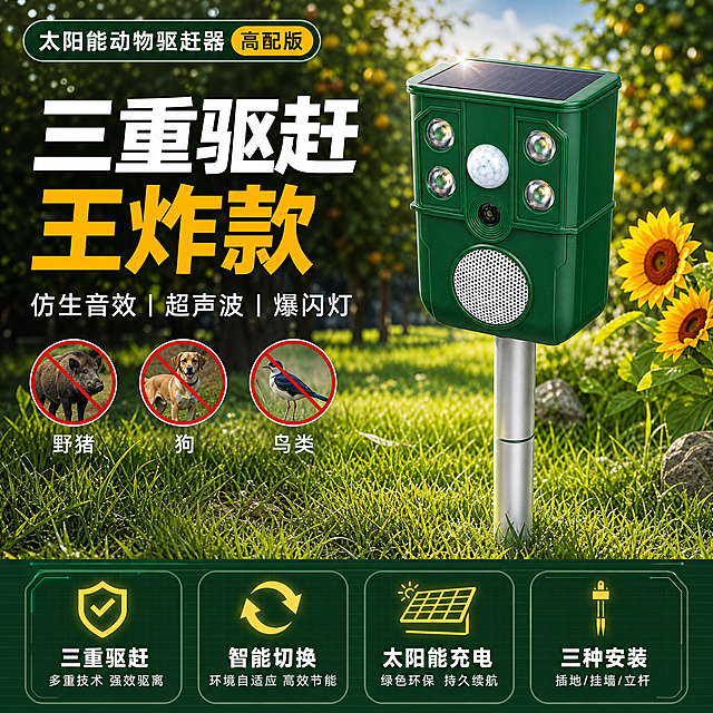 [主图-1] 首图点击率 太阳能动物驱赶器高配版 三重驱赶王炸款 突出核心卖点与专业户外科技感
[统一基调] 淘宝天猫五金器械风格 满版高信息密度构图 深绿+橙黄主色 白色标题字 浅灰辅助字 橙黄强调色 粗黑无衬线字体 硬朗科技感卡片 户外专业可信氛围
[画面] 主体为绿色太阳能动物驱赶器 银色地插杆 产品正面朝向观众 微右倾30度 放置在户外花园草地场景中 周围有绿色植物和向日葵 背景虚化远处有果园树林 产品占画面60% 顶部左侧大主标题 右侧产品大图 底部通栏卖点条 左上角放产品名称标识
[光影质感] 商业摄影质感 自然光从左上方照射 产品表面有清晰高光 太阳能板反光自然 喇叭网孔纹理清晰 爆闪灯有微光效果 草地有真实接触阴影 整体明亮通透
[配色] 深绿色主背景渐变 橙黄色强调色 白色主标题 浅灰色辅助文字 产品保持原墨绿色 银色金属杆
[文字版式] 左上角主标题"三重驱赶王炸款" 副标题"仿生音效 超声波 爆闪灯" 右侧产品上方小字"太阳能动物驱赶器 高配版" 底部通栏四个卖点图标加文字 "三重驱赶" "智能切换" "太阳能充电" "三种安装" 文字清晰不遮挡主体
[输出要求] 1:1比例 2048x2048 产品清晰不变形 文字清晰可读 无水印无平台logo 禁止错字 禁止产品悬浮 禁止背景杂乱