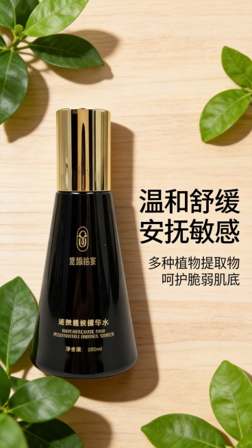 3. 温和舒缓植萃风，柔肤水放置在浅原木背景上，周围点缀新鲜绿植叶片，突出温和舒缓天然植萃卖点，保持产品原样不变，左侧产品右侧文字排版，大字“温和舒缓 安抚敏感”，小字“多种植物提取物 呵护脆弱肌底”预览效果