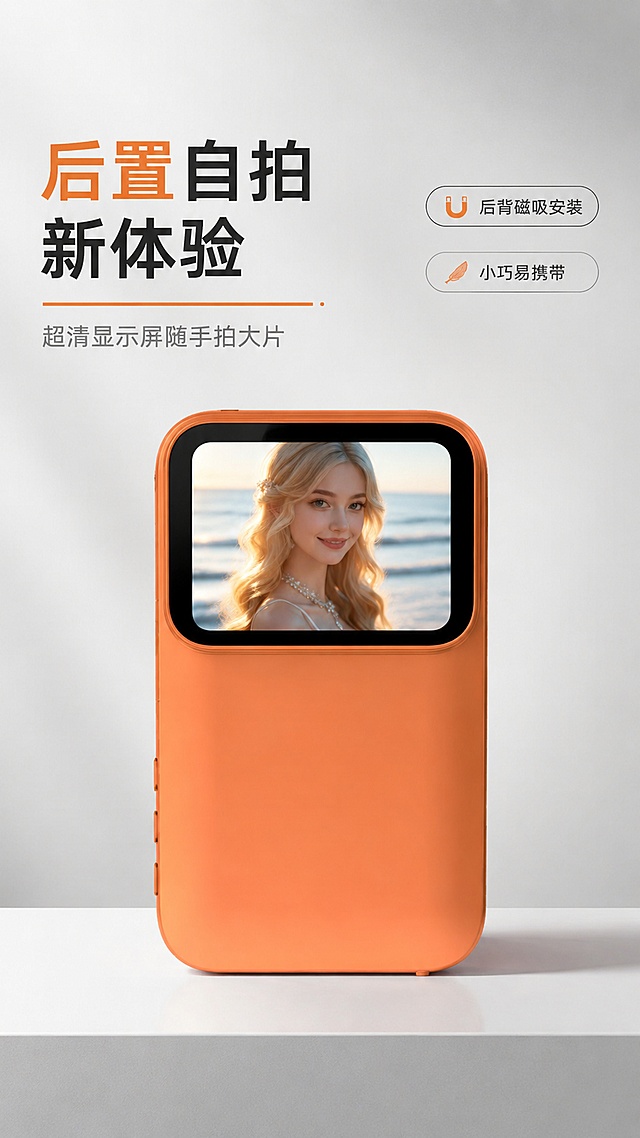 [第1屏] 详情页头图，后置镜头自拍显示屏新品宣传海报。本屏使用【图8】作为商品主体，同时结合【图5】展示屏幕效果。整体为简约科技风格，现代简约摄影质感。浅灰色渐变背景，底部增加浅灰色桌面，产品放置在桌面居中，占比约65%，保持产品橙色外观、屏幕黑边、整体结构和尺寸与原图一致。左上方主标题大字为「后置自拍新体验」，下方小字副标题「超清显示屏随手拍大片」，右侧排列2个卖点胶囊标签：「后背磁吸安装」「小巧易携带」。主光源从左前方打来，右侧形成自然渐变阴影，整体光影通透有科技感。全局底色 #f5f5f5，主色橙黑色，辅助灰色文字，风格简约高级。版式为左文右图，阅读动线从上到下。所有文字清晰不遮挡主体。比例分辨率 9:16 竖版，4K分辨率，高清画质。负向提示词：产品变形，缺件错件，颜色偏差，文字错乱，产品模糊，水印，杂乱背景